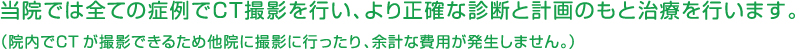 当院では全ての症例でCT撮影を行い、より正確な診断と計画のもと治療を行います。
（院内でCTが撮影できるため他院に撮影に行ったり、余計な費用が発生しません。）